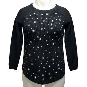 Style & Co Black White Embroidery Star Petite Whimsy Pullover Sweater (M) NWT
